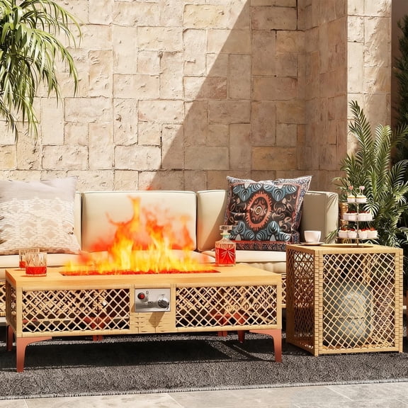 LAZZO Outdoor Fire Pit Table, Rectangular 60000 BTU Propane Fire Pit with Wicker Frame and Tank Holder