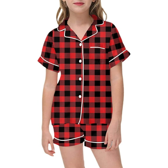 Tween Girls Casual Short Sleeve Button Down Shirt Shorts Pajama With Ful Print Lounging Sleepwear Outfits Set
