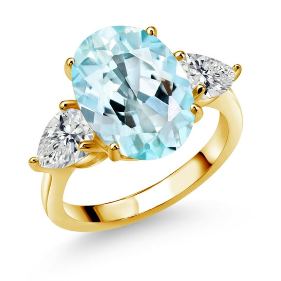 Gem Stone King 18K Yellow Gold Plated Silver Sky Blue Topaz and Lab Grown Diamond Engagement Ring for Women | 7.22 Cttw | Oval 14X10MM | Gemstone November Birthstone | Size 9