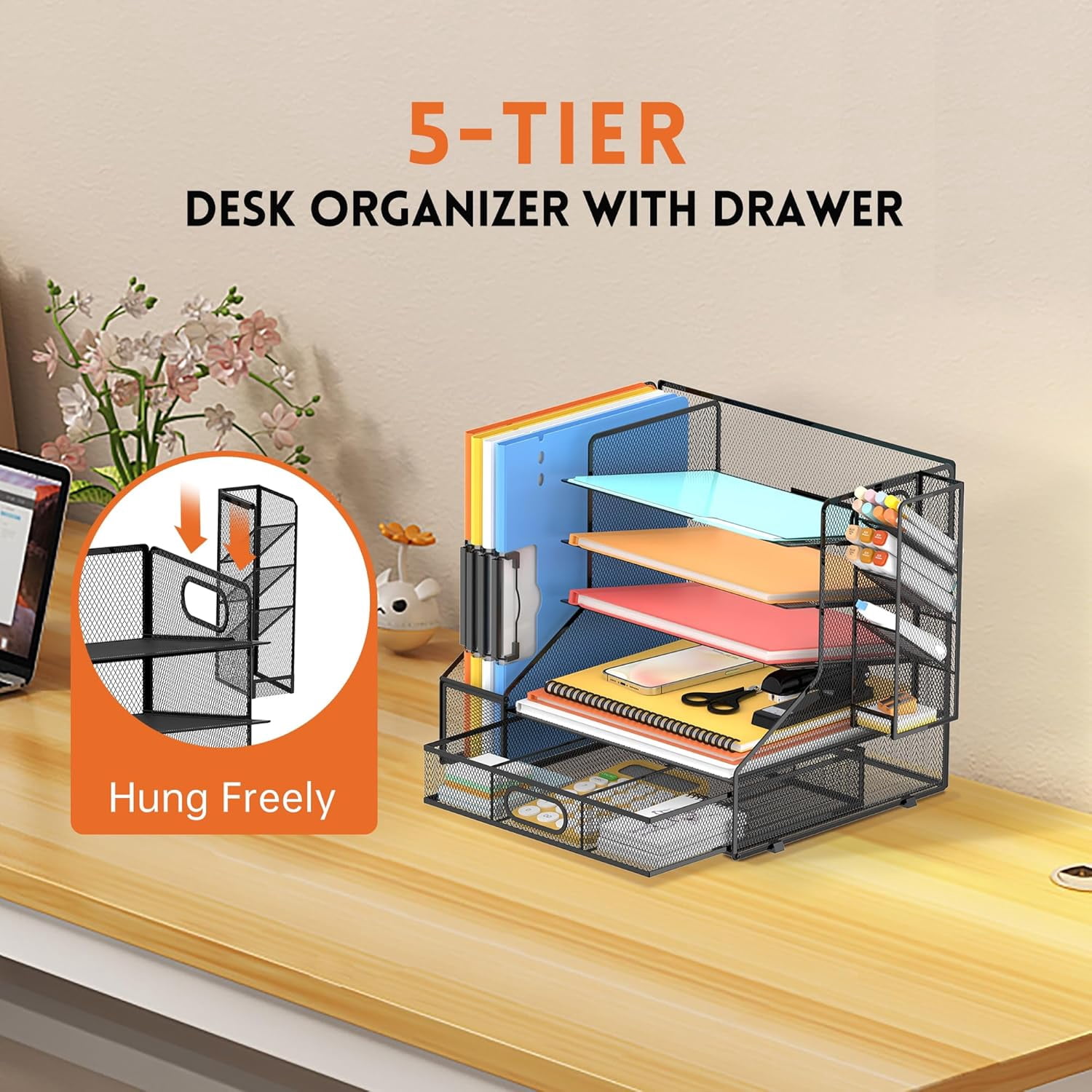 Mesh Desk Organizer, 5-Tier Paper Letter Tray with File Holder & Pen Holder & Sliding Drawer, Desktop Organizer and Storage for Desk Accessories Office Supplies, Black