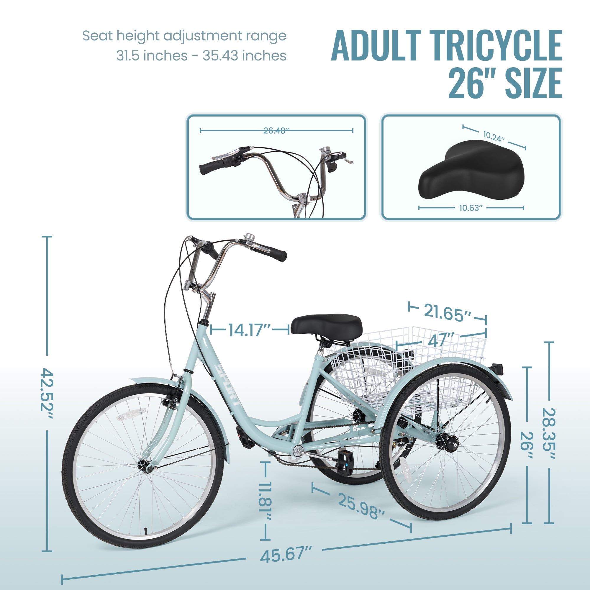 Naipo Adult Tricycle 7 Speed Trikes 3 Wheel  26'' Bikes for Adults, Trike for Women Men,  Rear Removable Wheeled Baskets - Seniors & Commuters, 350 lb - Green