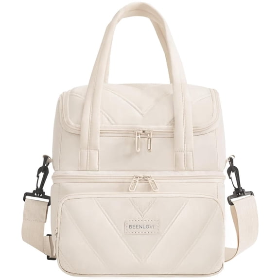 Cirayno 12L Insulated Lunch Bags for Women Men, Double Deck Leakproof Lunch Box Cooler with Adjustable Straps, Reusable Lunch Tote Bag for Beach, Gym, Picnic, Travel, Work, Beige