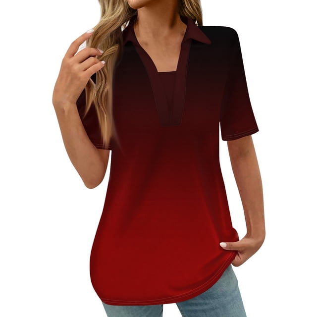 COM1950s Shorts pour Femmes, Blouses pour Femmes, Mode Blouses Imprimées Dégradées pour Femmes T-Shirt à Manches Courtes Col Rabattu, Blouses pour Femmes Mode, Blouses pour Femmes Mode, Hauts pour Femmes
