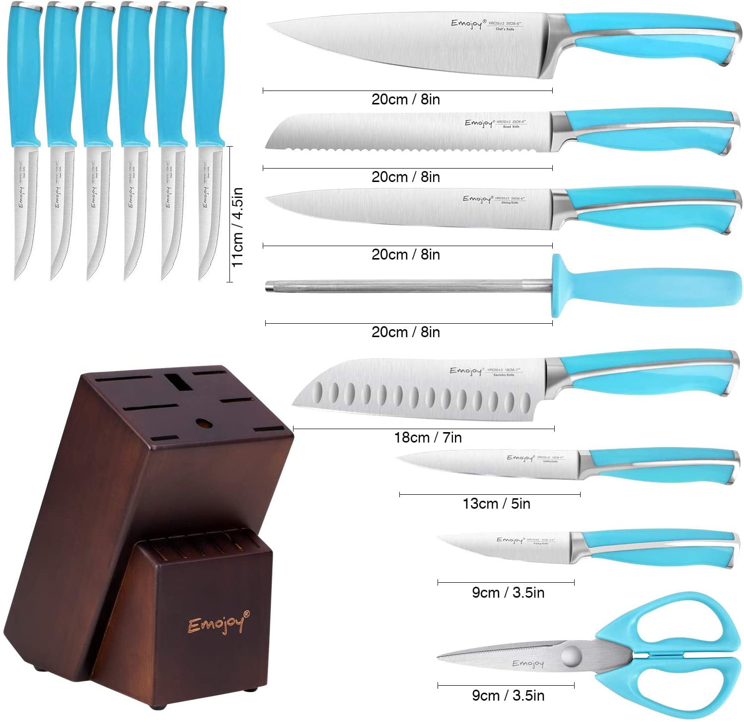 Emojoy KC-KS01 Silver Brown 15 Pieces Knife Set With Wooden Knife Block