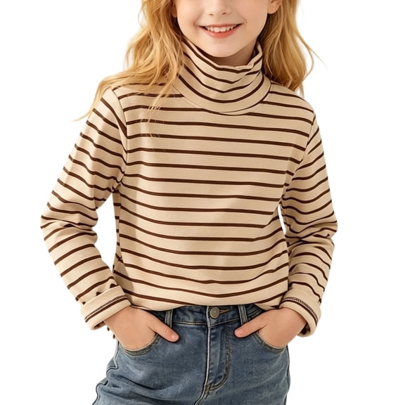 Girls Boys Turtleneck Long Sleeve Tops Striped Pullover Slim Fit Layering Fall Winter Fashion Soft Comfort Base Shirts Beige 3-4Years