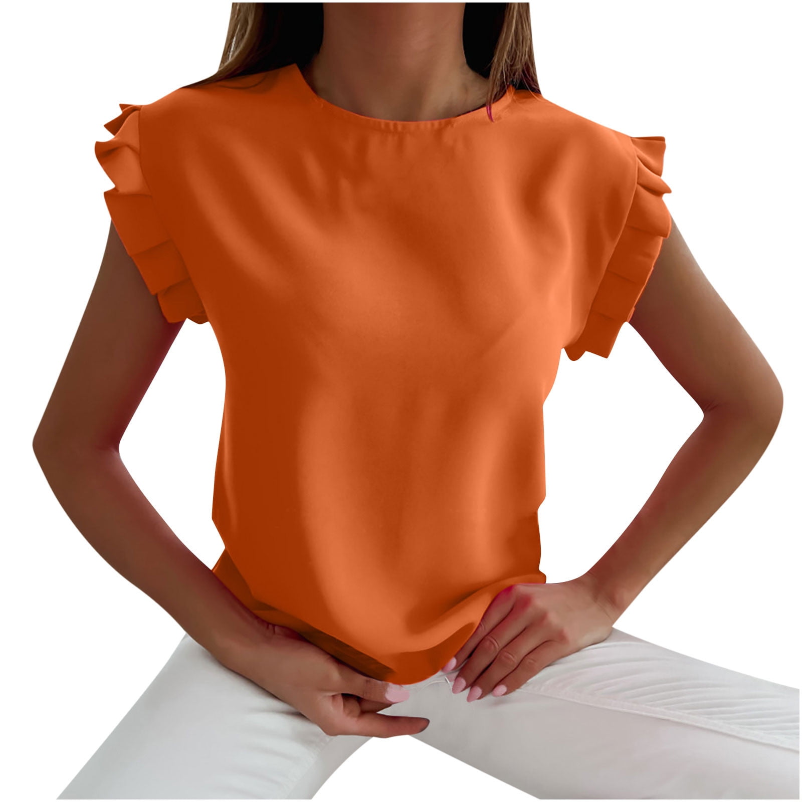 Fashion Womens Summer Shirts Elegant Ruffle Cap Sleeve Tops Business Casual Solid Color T shirts Women Blusas de Mujer de Moda - Walmart.com