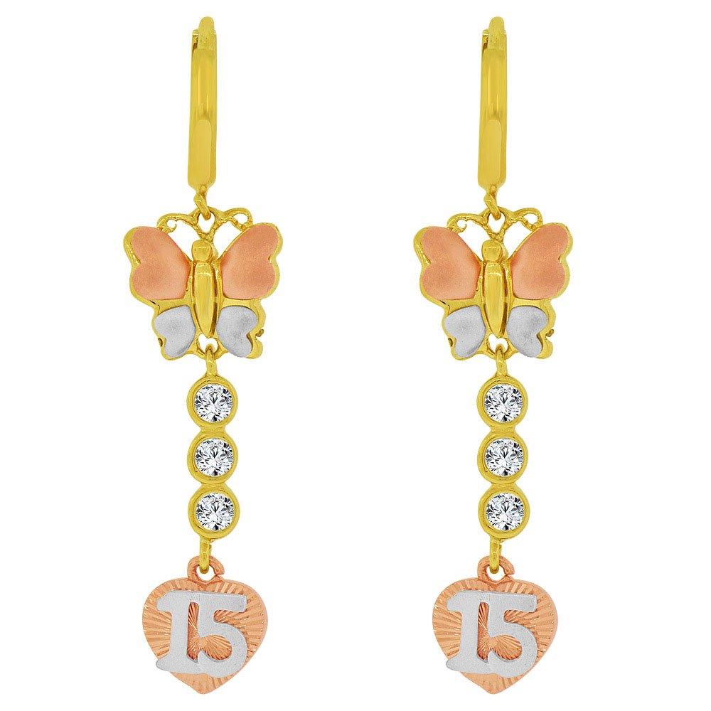 GiveMeGold 14k Tricolor Gold, Quinceanera 15 Anos Butterfly Heart