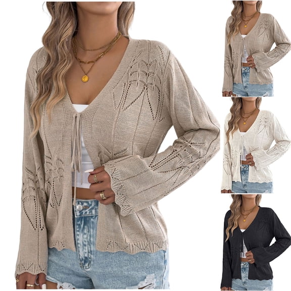 BiZtdJrK Women's Crochet Knit Cardigan Sweater Tie Front Long Sleeve Open Front Cardigans Fashion Summer Shrug Sweaters Khaki S