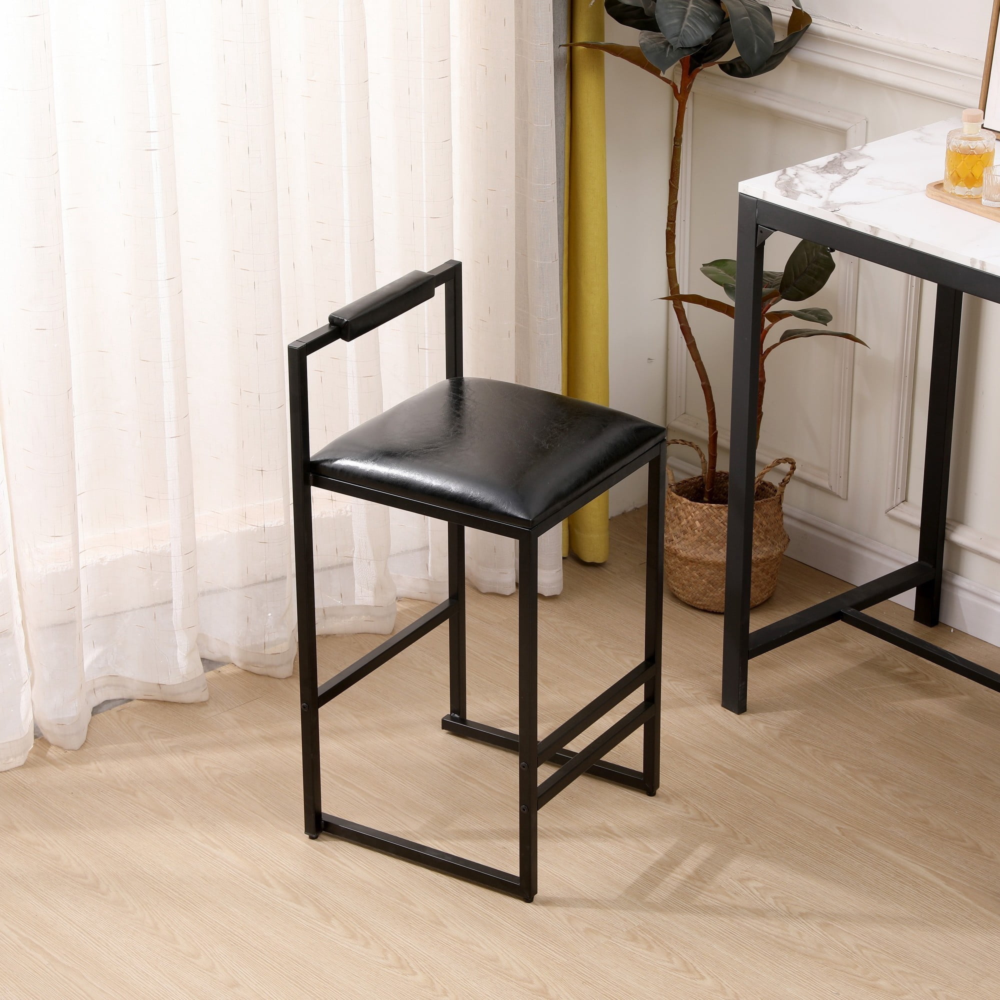 Bar Stools Set of 2,Counter Height Bar Stools with Back and Footrest,PU Upholstered,Rustic Black