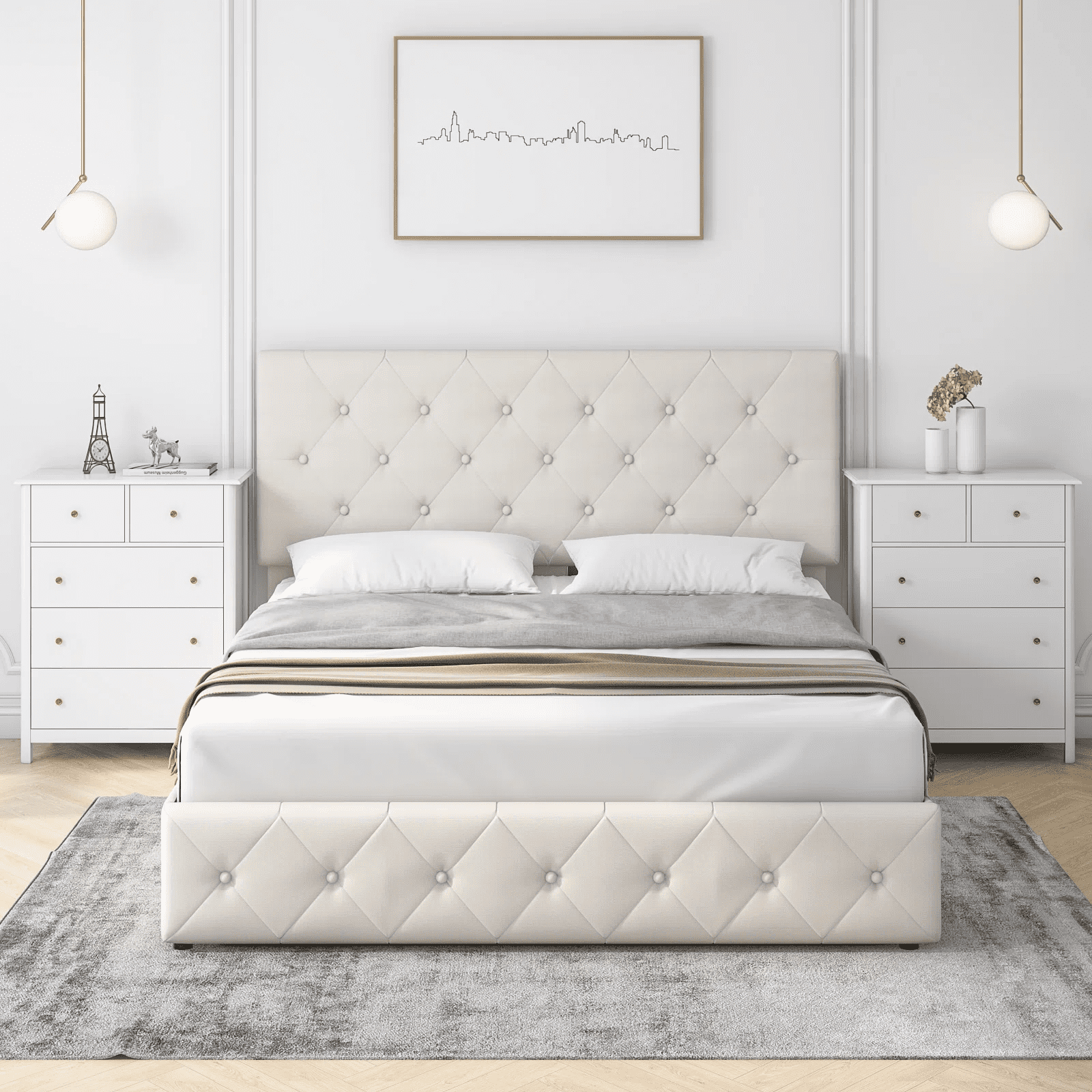 Homfa Queen Size 4 Storage Drawers Bed Frame, Square Tufted Upholstered Platform Bed with Adjustable Headboard, Off-white