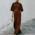 thumbnail image 2 of Womens Casual Two Piece Outfit High Neck Puff Sleeve Crop Top High Waist Wide Leg Pants Textured Casual Set Coffee L(L), 2 of 8