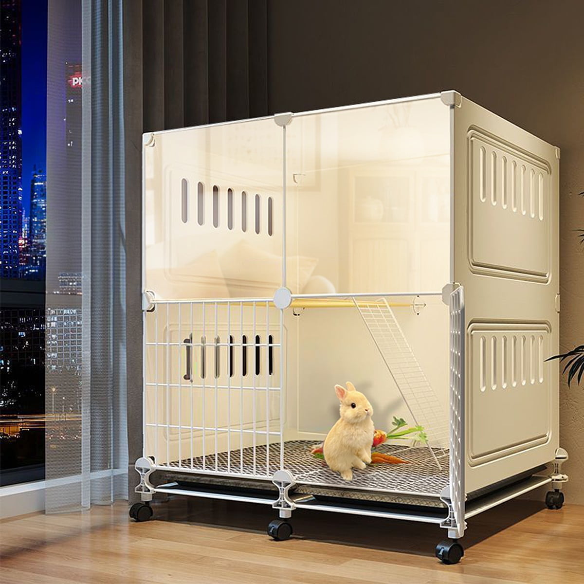 Aqwiopr 2 Layer Rabbit Cage Indoor with 2 Deep Pull-Out Trays and Urine Guard, Guinea Pig Cage, Small Animals House for Rabbit, Ferret, Chinchilla