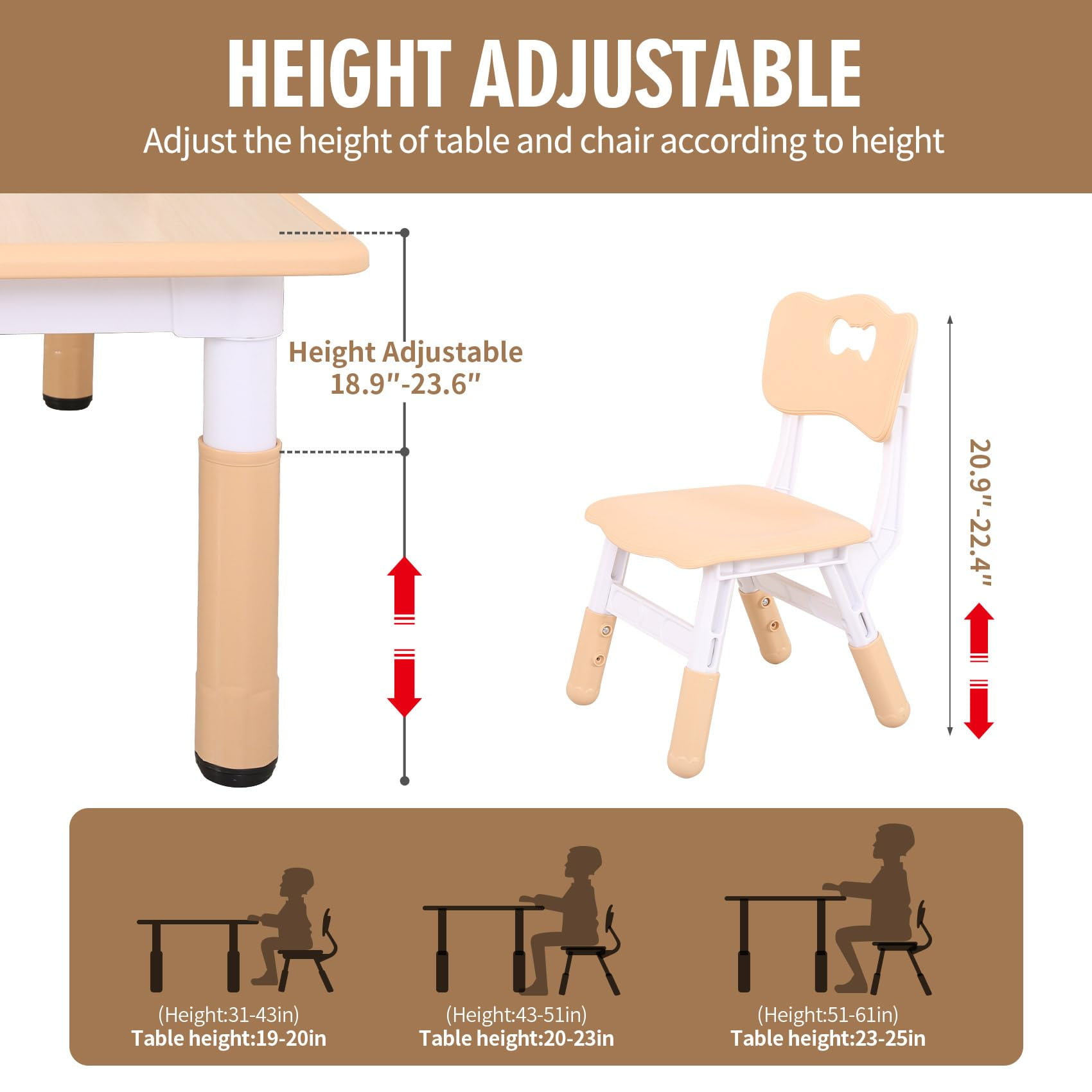 UNICOO® Kids Study Table and Chairs Set, Height Adjustable Plastic Children Art Desk with 4 Seats, Kids Multi Activity Table Set (Maple Top + Nature Board)