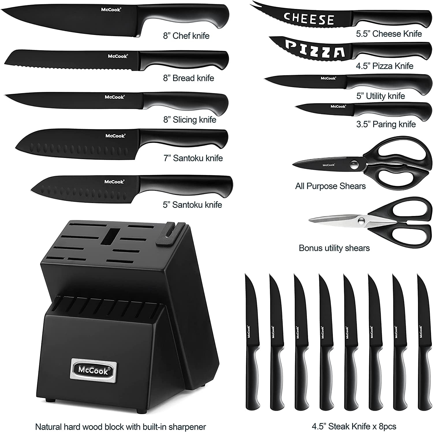 McCook® Knife Sets, German Stainless Steel Knife Block Sets with Built-in  Sharpener