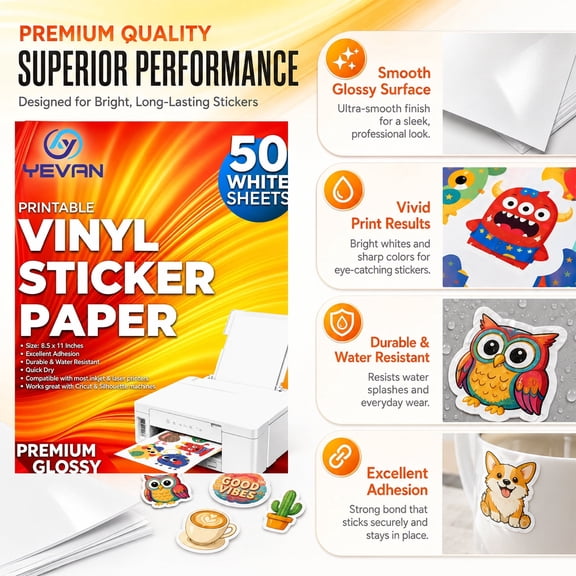YEVAN Printable Vinyl Sticker Paper for Inkjet Printers, 8.5 x 11 Inch White Glossy Self-Adhesive Sheets, 50 Pack for DIY Labels, Decals & Crafts