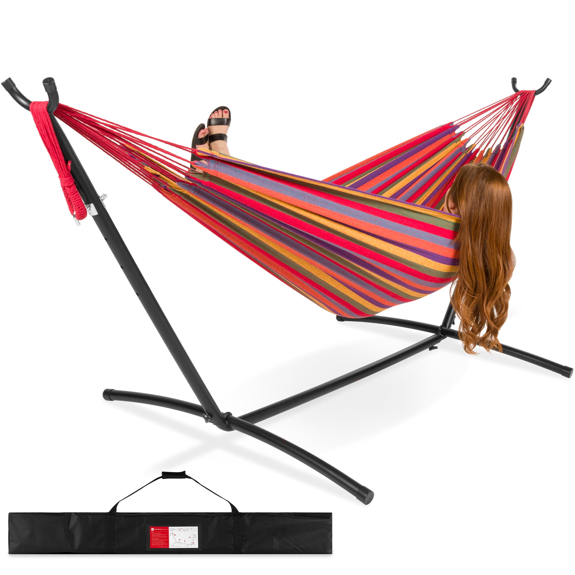 2Person Brazilian Style Cotton Double Hammock Bed Carrying Bag Steel Stand 450lb 