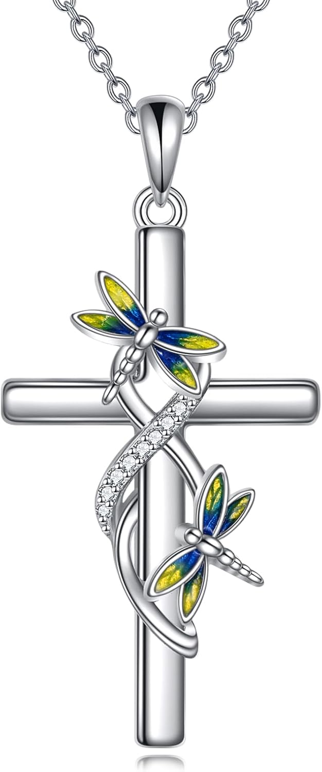 DOLIOX Cross Necklace for Women Sterling Silver Butterfly Bee Ladybug Pendant Necklaces Insect Jewelry Christian Gifts for Women