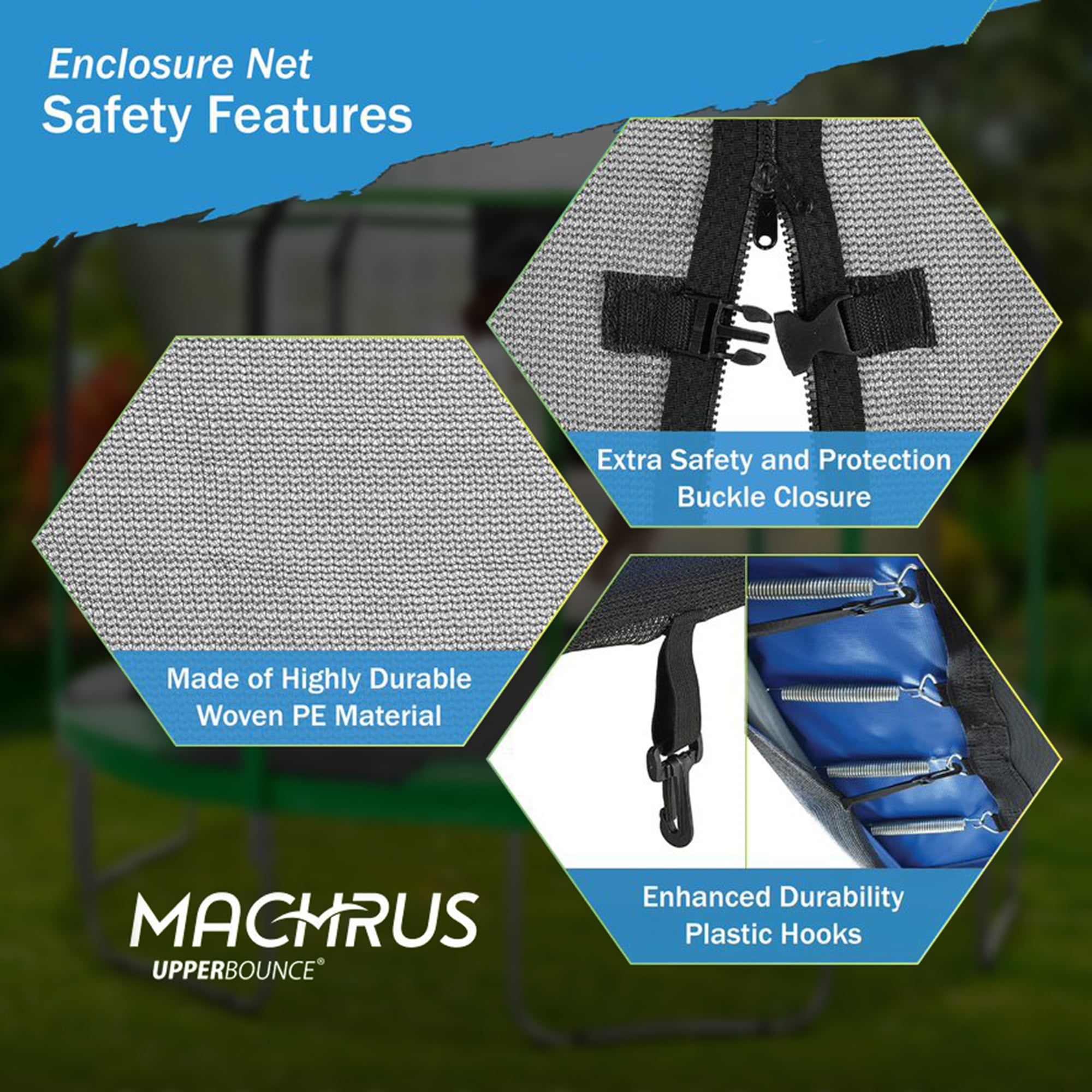 Machrus Upper Bounce Trampoline Safety Enclosure Set including Trampoline Net, 8 Trampoline Poles, Caps and Trampoline Pole Foam Sleeves - For 10ft Round Trampoline Frame - Installs Outside the Frame