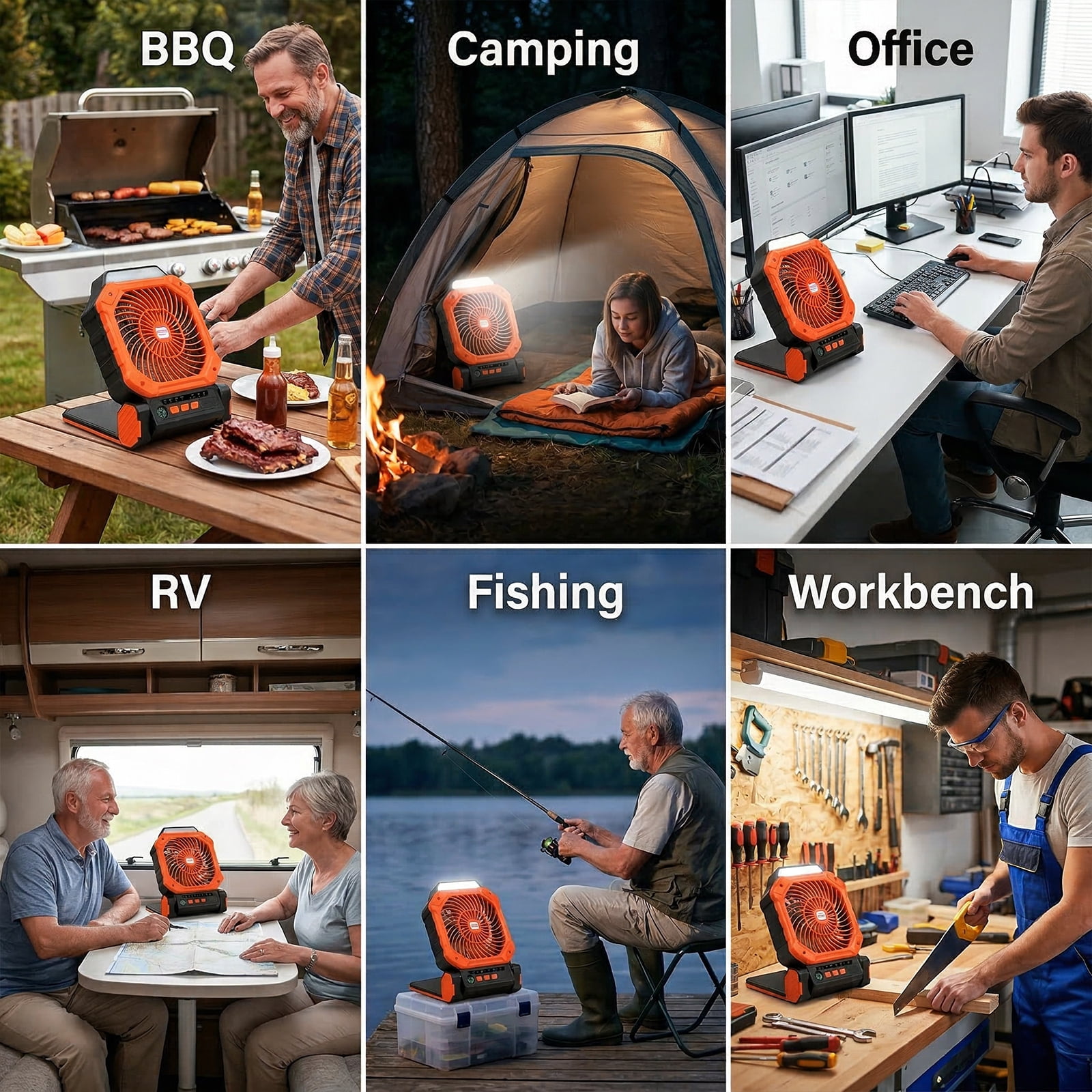 Fohil 20000mAh Solar Camping Fan with LED Light, Solar/USB Charging, 4-Speed Fan,3 Timer Settings, Phone Charging for Camping Fishing Travel Outdoor, Orange