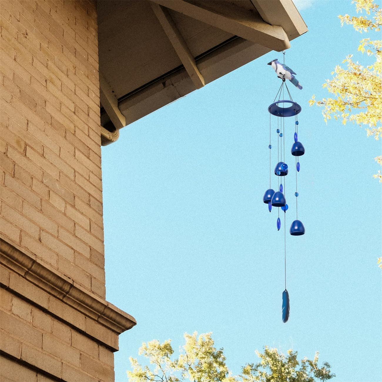 Blue Jay Bird Wind Chimes with Bells, Large Unique Birds Chimes for Garden Backyard Church Hanging Decor, 40"