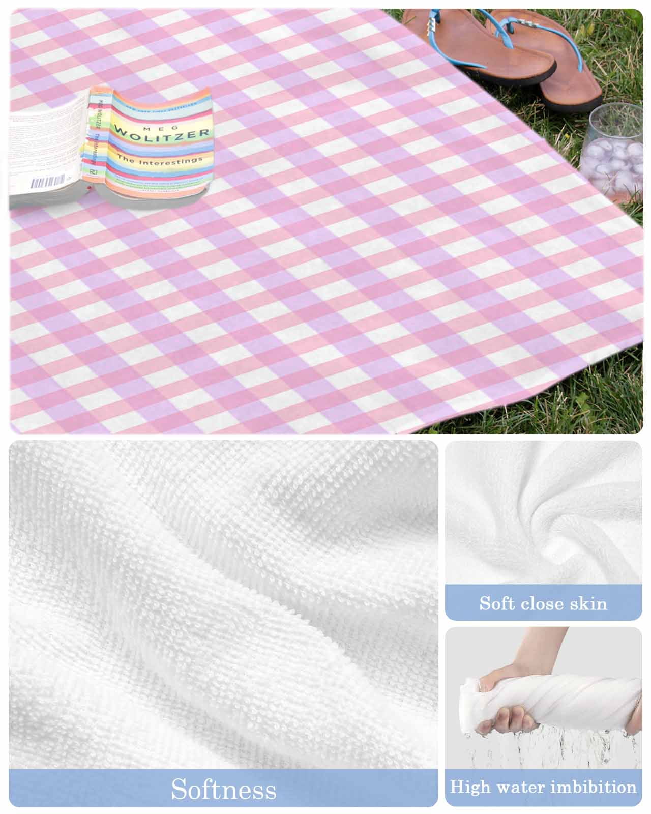 Pink Grid Beach Towels Oversized Super Absorbent, Checkered Plaid Gingham Lattice Trellis Print Lightweight Bath Towel Quick Dry Sets For Bathroom/Pool/Rv Camping/Beach Play/Gym Room/Picnic 35"x70"