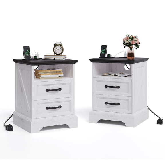Kicctian Set of 2 Nightstand with Charging Station – 2 Drawers, Open Shelf, USB Ports & Outlets, White Wood Bedside Table for Bedroom or Living Room, Side Table with Storage