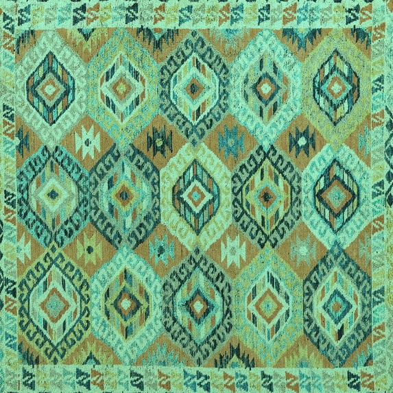 Ahgly Company Machine Washable Indoor Square Southwestern Turquoise Blue Country Area Rugs, 6' Square