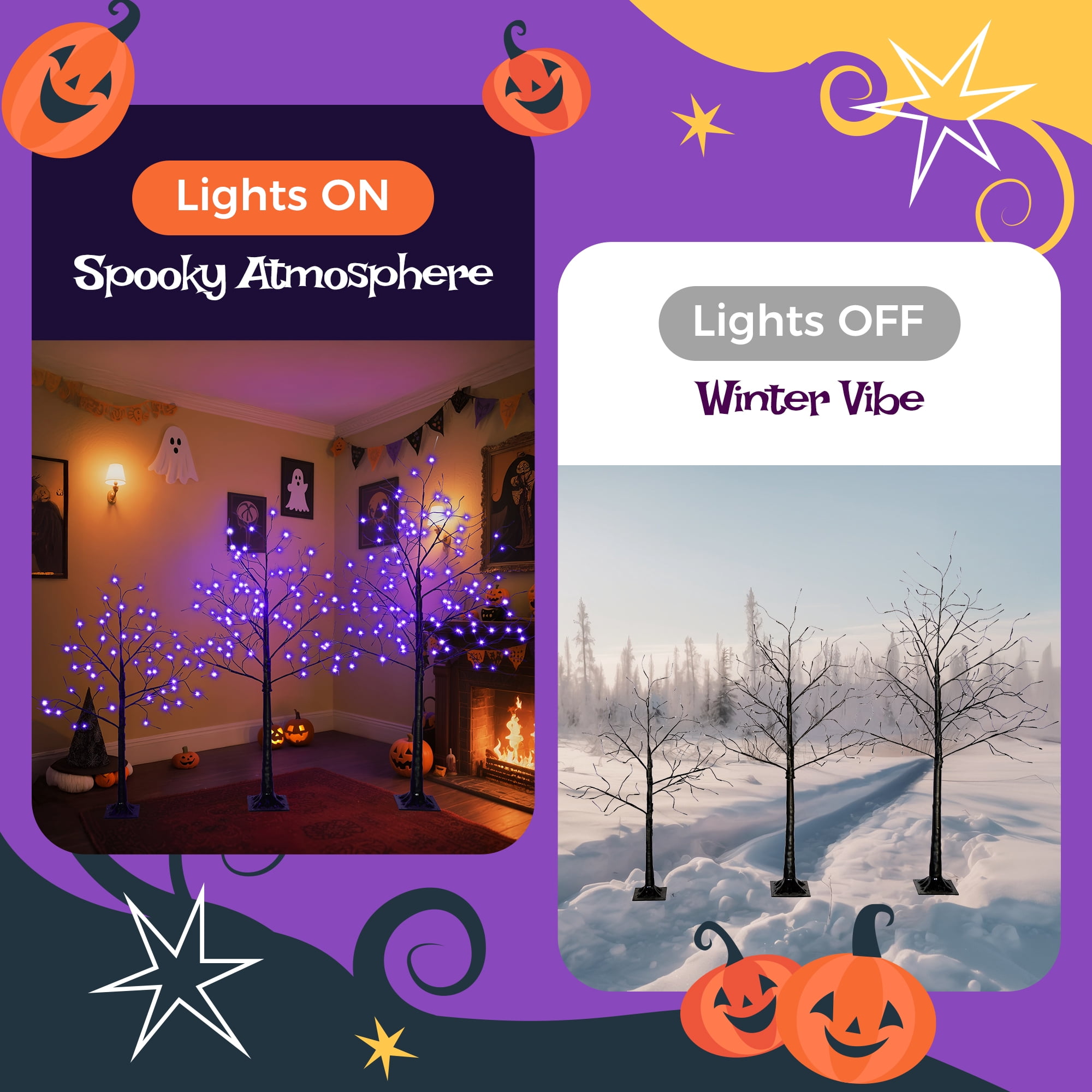 Euroco 3 Pac Halloween Spooky Tree with Purple Lights, 4FT 5FT and 6FT, Lighted Black Tree for Halloween Decoration