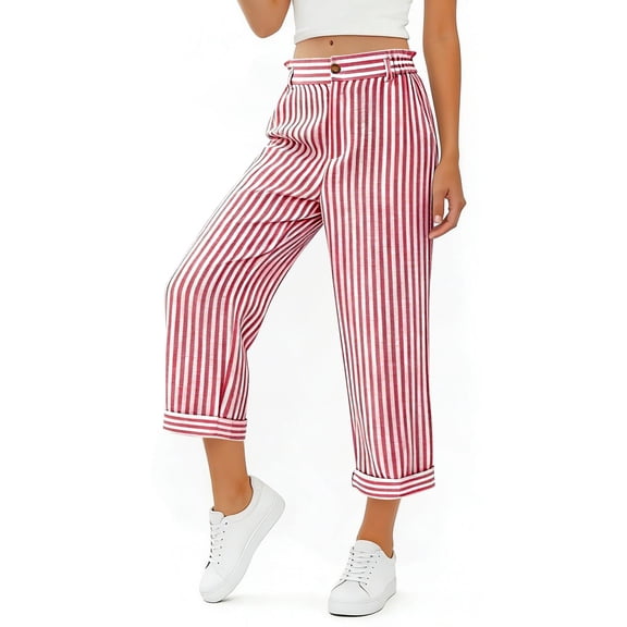 GigrtiJin Striped Capris Pants for Womens High Waisted Loose Cropped Pants Straight Leg Casual Beach Vacation Capris Pants with Pockets