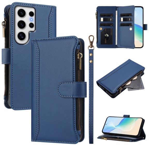 Phone Case for Samsung Galaxy S24 Ultra, Shockproof PU Leather Wallet Case with 9 Card Slots Anti-Scratch Stand Magnetic Flip Zipper Pocket Cover for Samsung Galaxy S24 Ultra, Navy blue