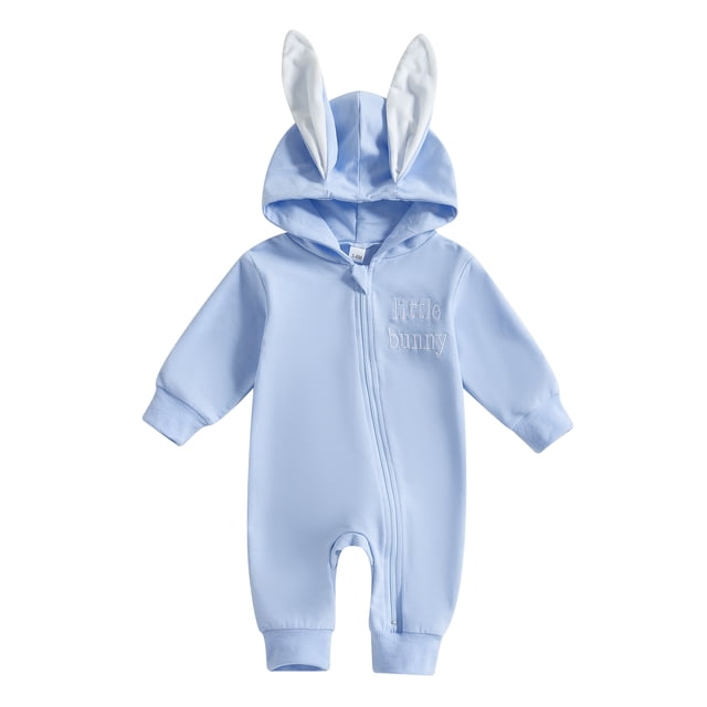 Gupgi Infant Easter Jumpsuits Cute Bunny Ear Romper Spring Long Sleeve Zip Up Hooded Bodysuits