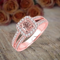 6mm Princess Cut 2.25 Carat Morganite and Diamond Moissanite Engagement Ring Halo Ring for Women in 10k Rose Gold