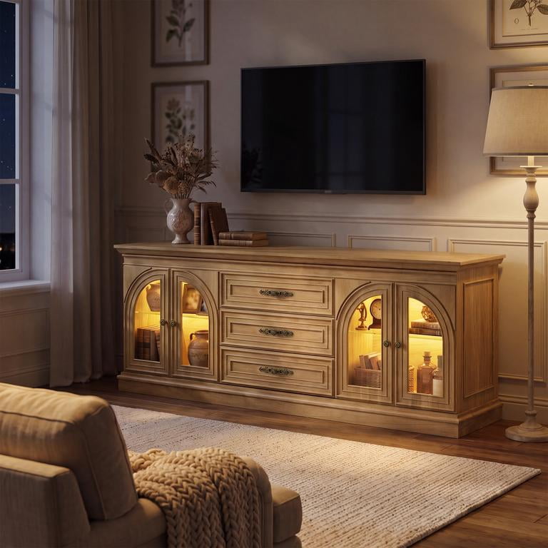 Lacoo 63'' Vintage-Style TV Stand for TVs Up to 70'' with LED Lights, Entertainment Center with Storage Cabinets and Drawers for Living Room, Natural