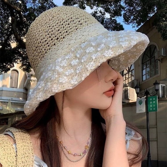 SikaFu Straw Hat Women's New Japanese Style Fresh Lace Grass Woven Hat Summer Outing Sun Protection Hat Large Brimmed Beach Sun Protection Hat