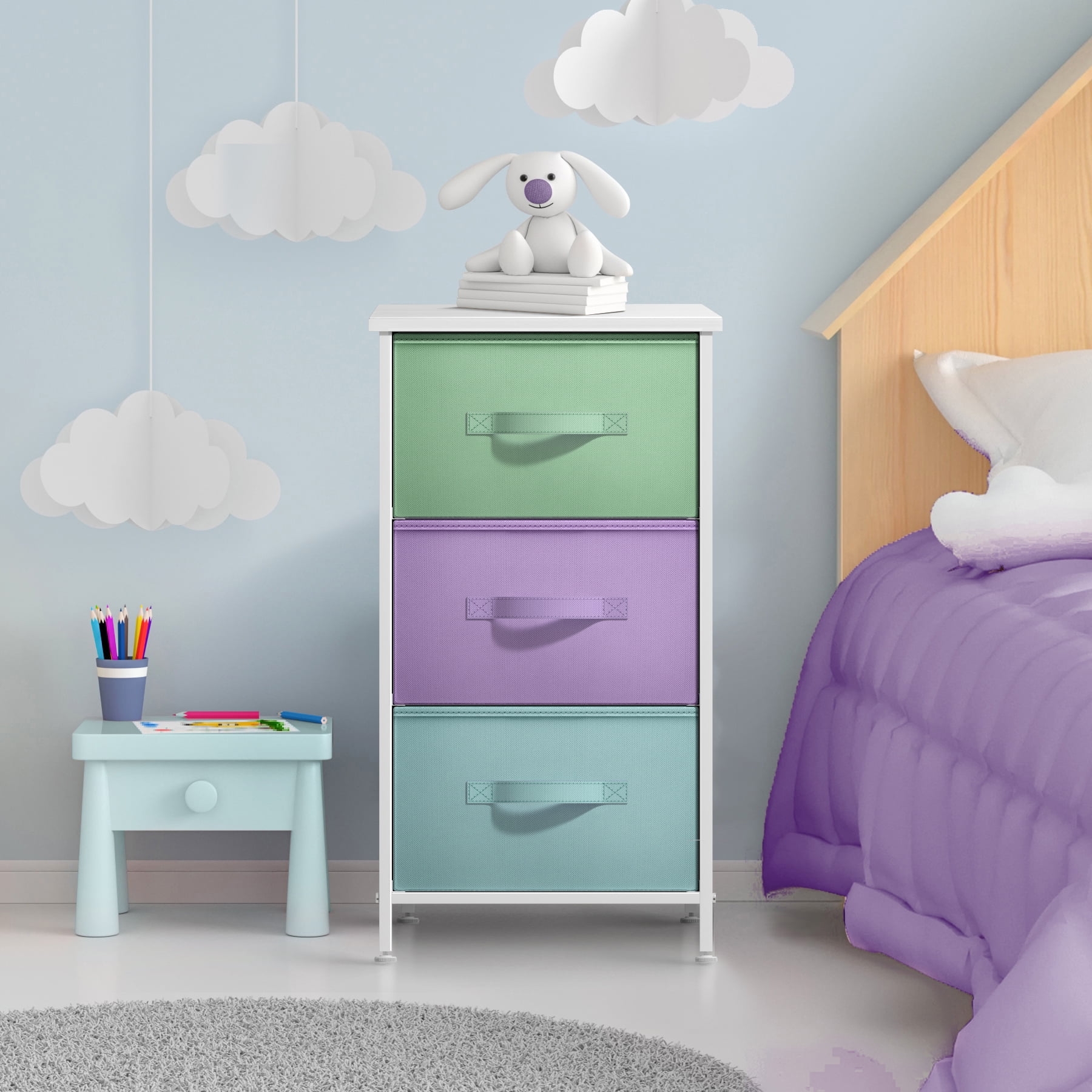 Sorbus 3-Drawer Nightstand with Steel Frame, Wood Top, Fabric Bins, Multi Pastel