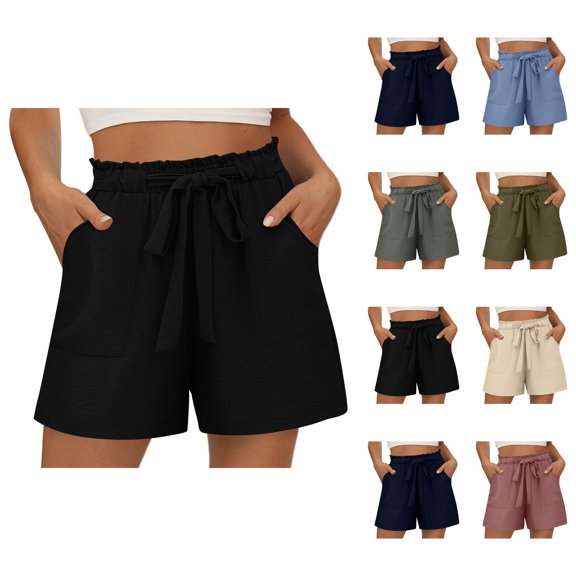 Linen Shorts for Women Summer Casual Elastic Waist Wide Leg Loose Fit Lightweight Beach Shorts with Pockets