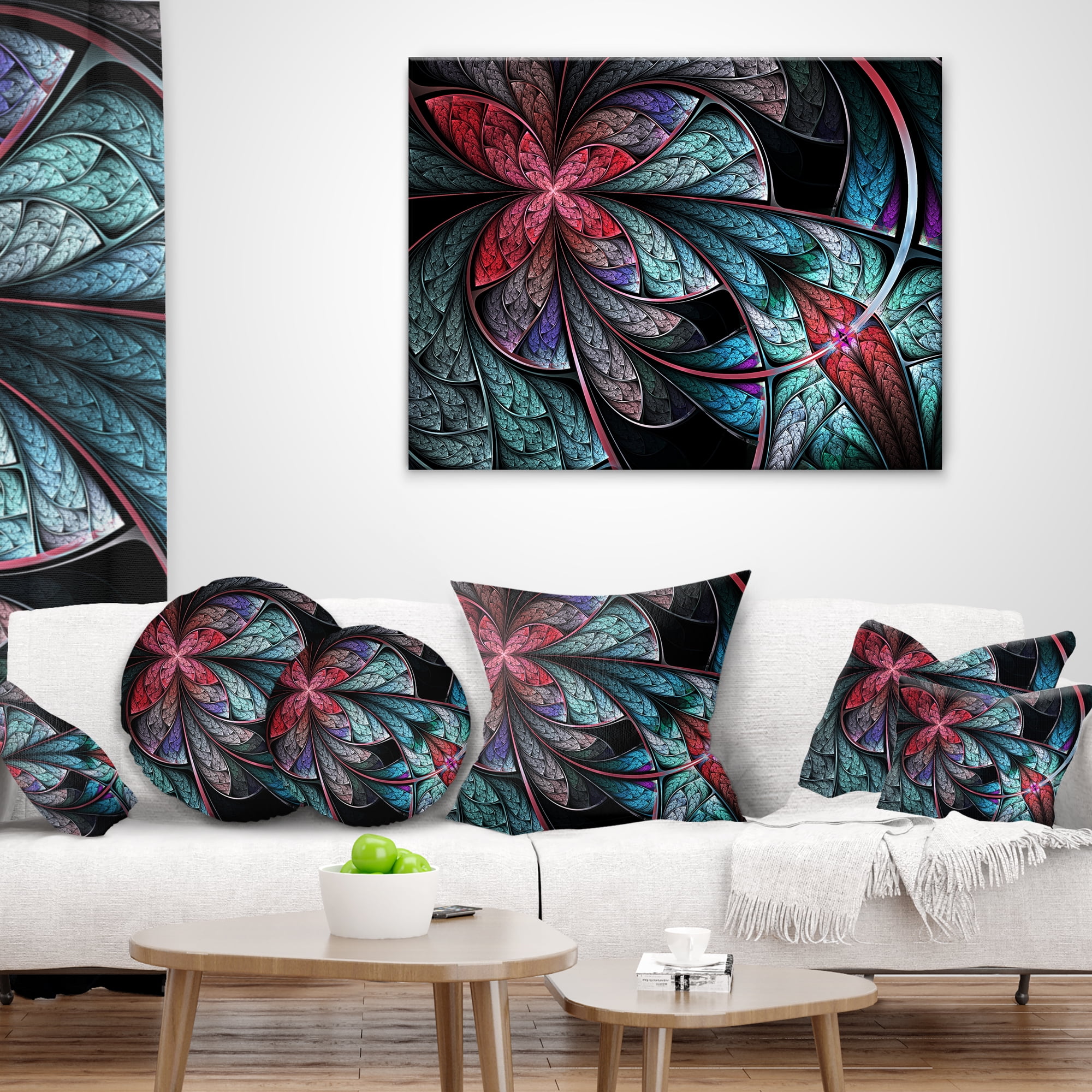 Designart Turquoise and Red Fractal Flower Pattern - Floral Throw Pillow - 16x16