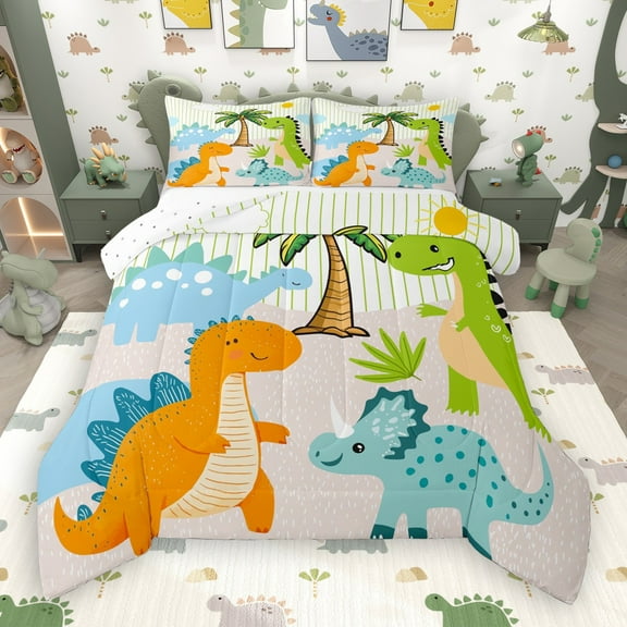 Castle Fairy Cartoon Dino Dinosaur 2Pcs Bedding Comforter Set for Child Preppy,Jungle Animal Twin Comforter Sets,Geometric Stripes Breathable Bedding Set,Breathable Home Decor