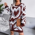 thumbnail image 5 of Women's Sweater Heart Color Block Long Sleeve Crew Neck Mid-Length Knitted Mini Dress Jumper Top, 5 of 7