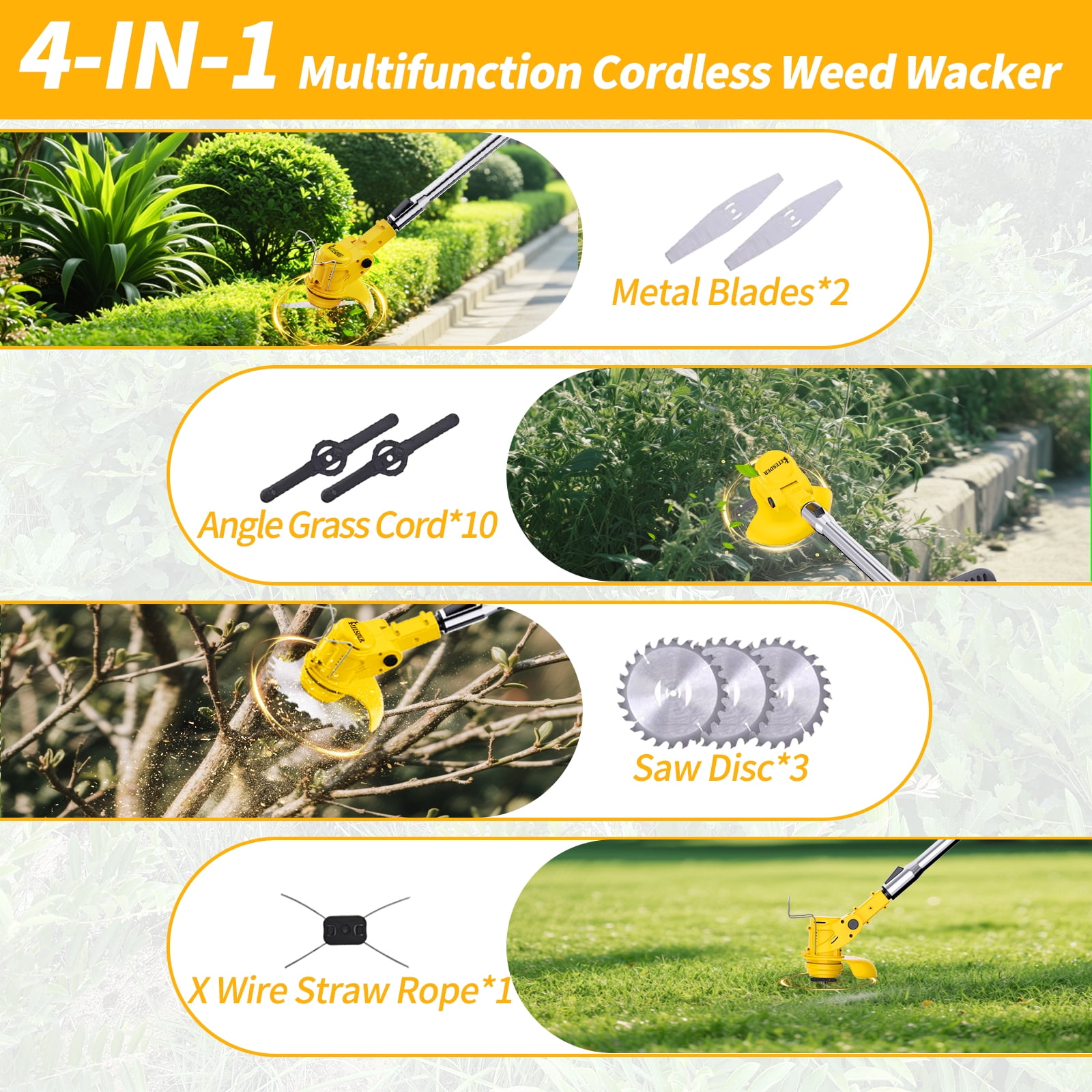 Cordless Weed Eater, 4-in-1 Electric Grass Cutter with High Capacity Battery, Powerful String Trimmer for Lawn Yard Garden Edging, Gifts for Dad Husband