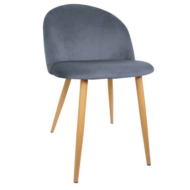 silla velvet mirel vanguardista de comedor tapizada en terciopelo gris 1 pieza gn-fc04 silla de comedor vista 3/4; asiento y respaldo acolchonados con relleno de espuma de alta densidad y tapizado en terciopelo gris, patas metálicas con acabado color madera, peso 4.45 kg y capacidad hasta 130 kg, ideal para comedor, oficina o tocador.