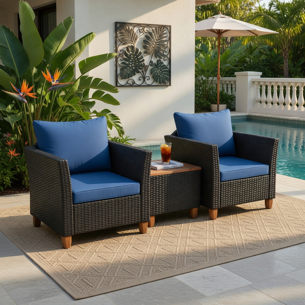 Hommoo 3-Piece Outdoor Rattan Patio Furniture Set, Acacia Wood Coffee Table & 2 Single Sofas with Removable Cushions, Navy