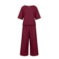 thumbnail image 5 of Two Piece Linen Sets for Women Short Sleece Solid Color Casual Tops Lightweight Outfits Lounge Drawstring Wide Legs Pants, 5 of 7