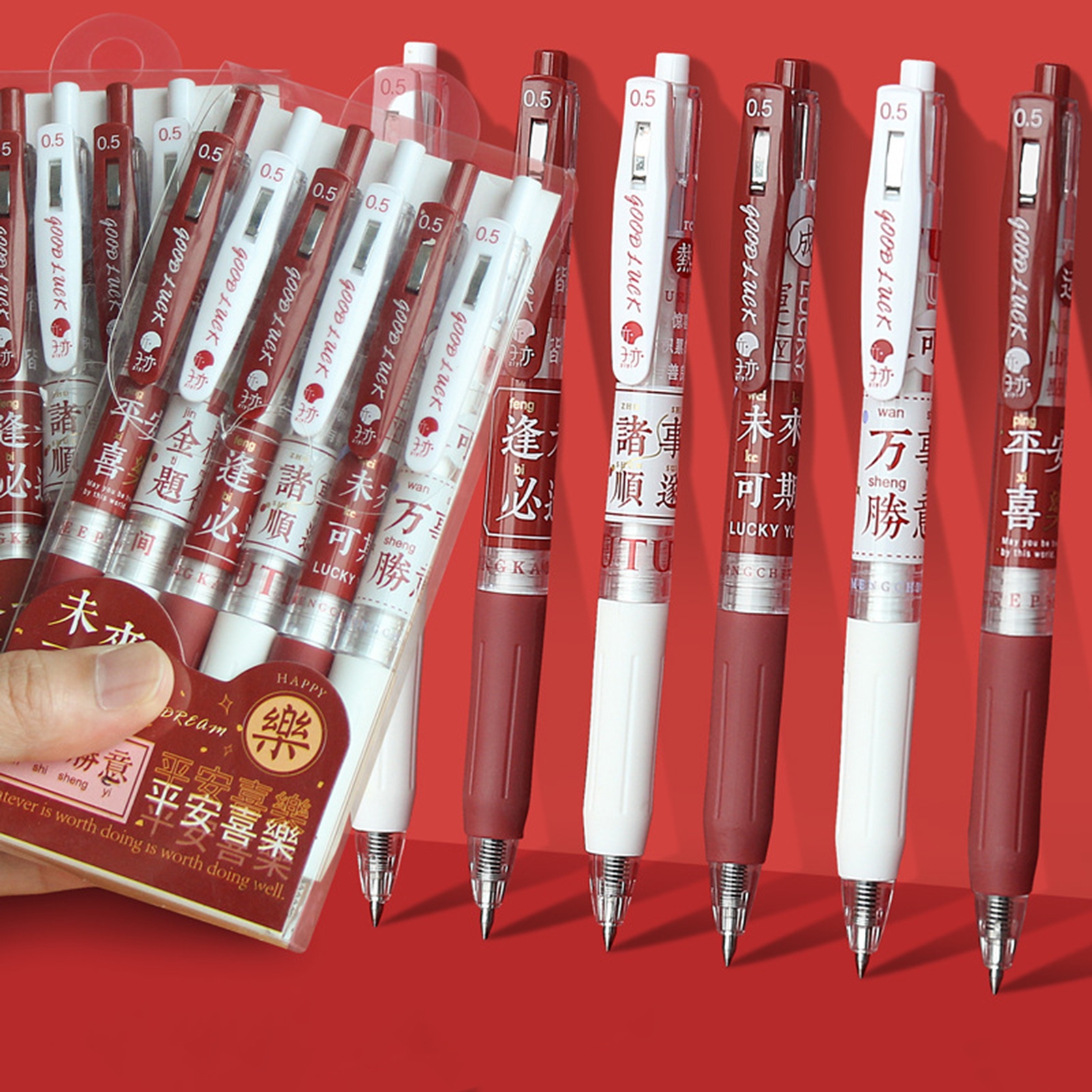 6Pcs/Set 0.5mm Auspicious Smooth Writing Gel Pen Plastic Practical Press Type Writing Pen for