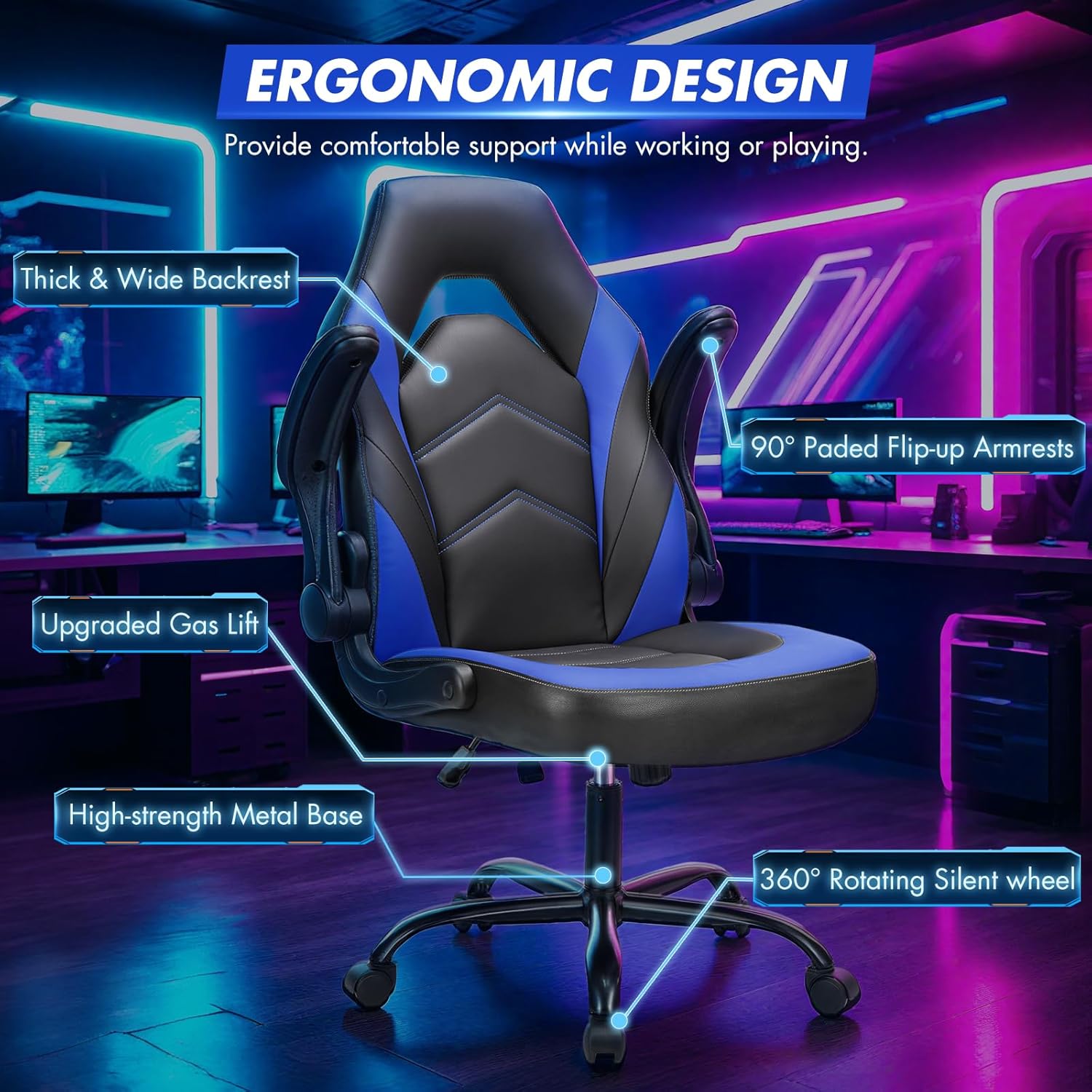 Office Chair with Large Back, PU Leather Swivel Gaming Chair with Thicken Seats and Flip-up Armrests, Chair for Gaming, Work, Sturdy, Blue