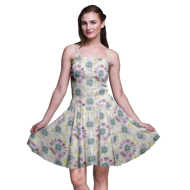 Bimba Robe d'Été Sans Manches Mini Fluide Teinture sur Nœuds pour Femmes Robe de Soleil Imprimé floral-TP