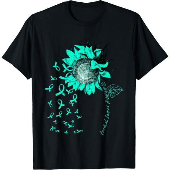 CERVICAL CANCER AWARENESS Sunflower Teal Ribbon T-Shirt