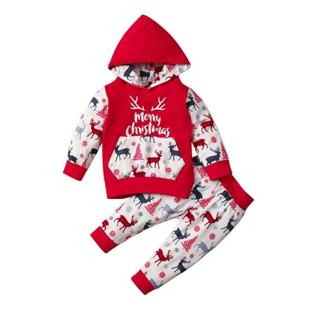 

Sunisery Christmas 2PCS Baby Boys Girls Clothes Set Deer Letter Printed Long Sleeve Hooded Tops Pants Outfit Red 6-12 Months