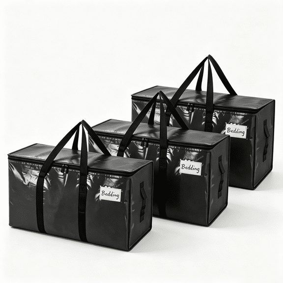Large Moving Bags, 3 Pack Black Heavy Duty Totes for Storagewith Visible Labels , Wrap Around Handles, Storage for Space Saving, Change of seasons Alternative to Boxes Back to school