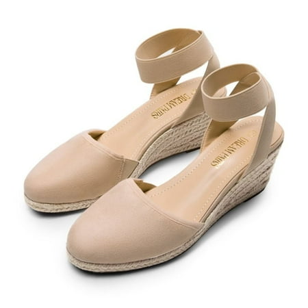 Dream Pairs Women s Comfort Elastic Ankle Strap Shoes Espadrilles Wedge Sandals Amanda-1 Nude Size 6